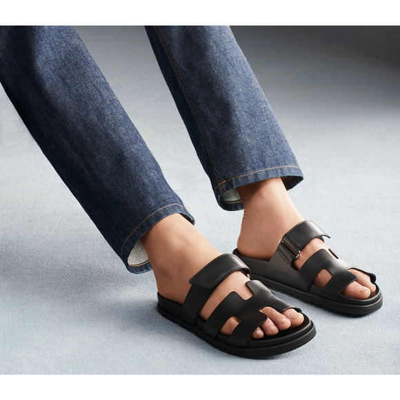 Hermes Chypre Sandal Black Calfskin Leather H Logo Strap Slide Slip On Flat 42 - Picture 3 of 12